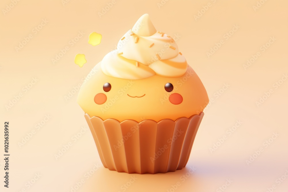 3D Render of a Smiling Yellow Cupcake with White Icing and Sprinkles 3D Render of a Smiling Yellow Cupcake with White Icing and Sprinkles