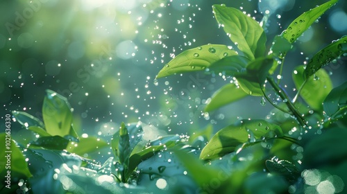 Close-up of green leaves with water drops