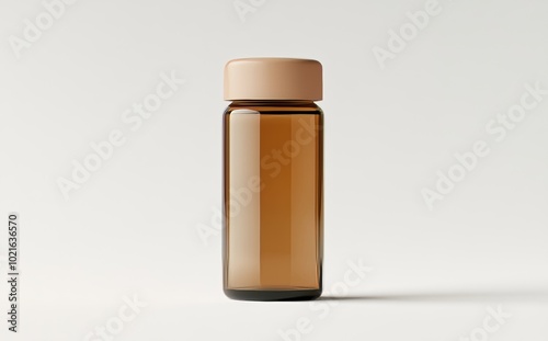 A clear glass vial filled with amber liquid is placed on a reflective surface in front of a soft gradient background, highlighting its features.