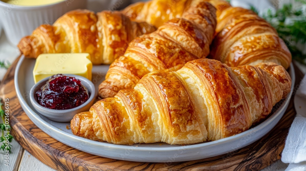 Freshly baked croissants with butter and jam on a plate.