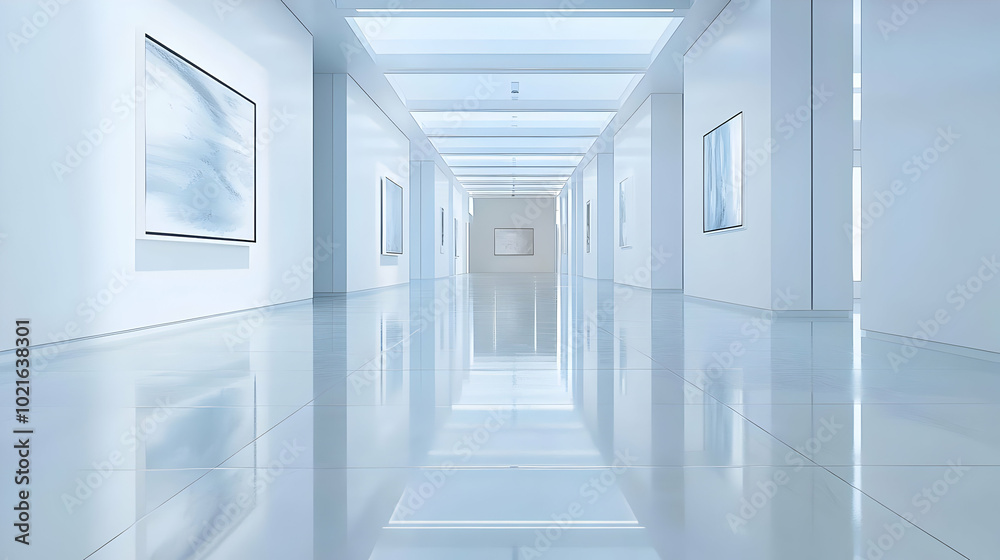 Obraz premium Minimalist White Gallery Corridor with Artwork Illustration