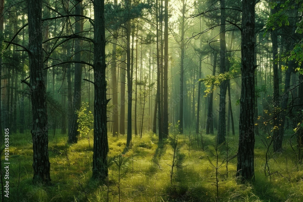 Fototapeta premium Beautiful green forest filled with tall trees illuminated by beams of sunlight shining through morning mist