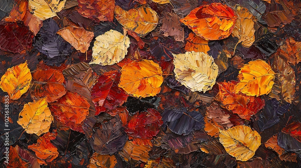 A vivid depiction of an array of yellow, red, orange, and brown leaves against a deep black background A vivid depiction of an array of yellow, red, orange, and brown leaves against a deep black background