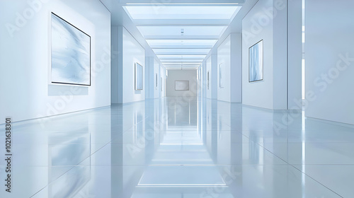 Minimalist White Gallery Corridor with Artwork Illustration