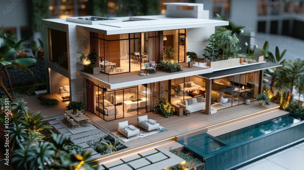 Modern Mansion Model with Lush Garden and Pool Modern Mansion Model with Lush Garden and Pool