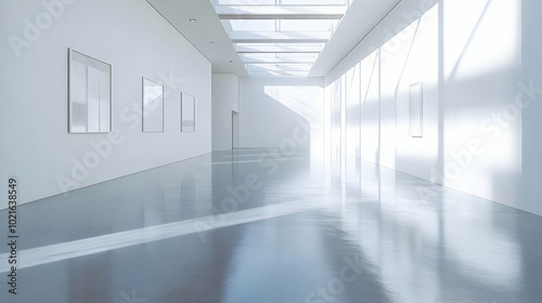 White Minimalist Gallery Interior with Glass Ceiling and Sunlight