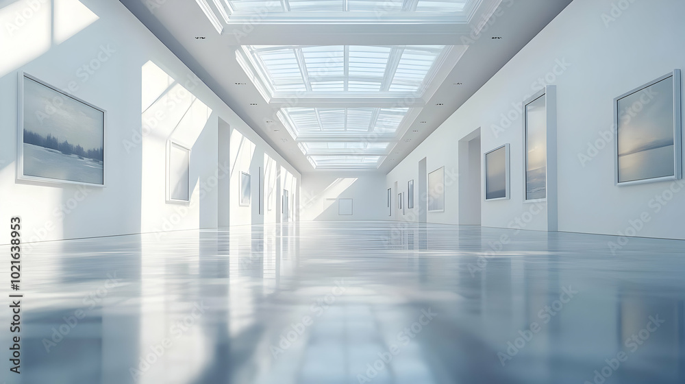 White Gallery Interior with Skylight and Paintings 3D Illustration White Gallery Interior with Skylight and Paintings 3D Illustration