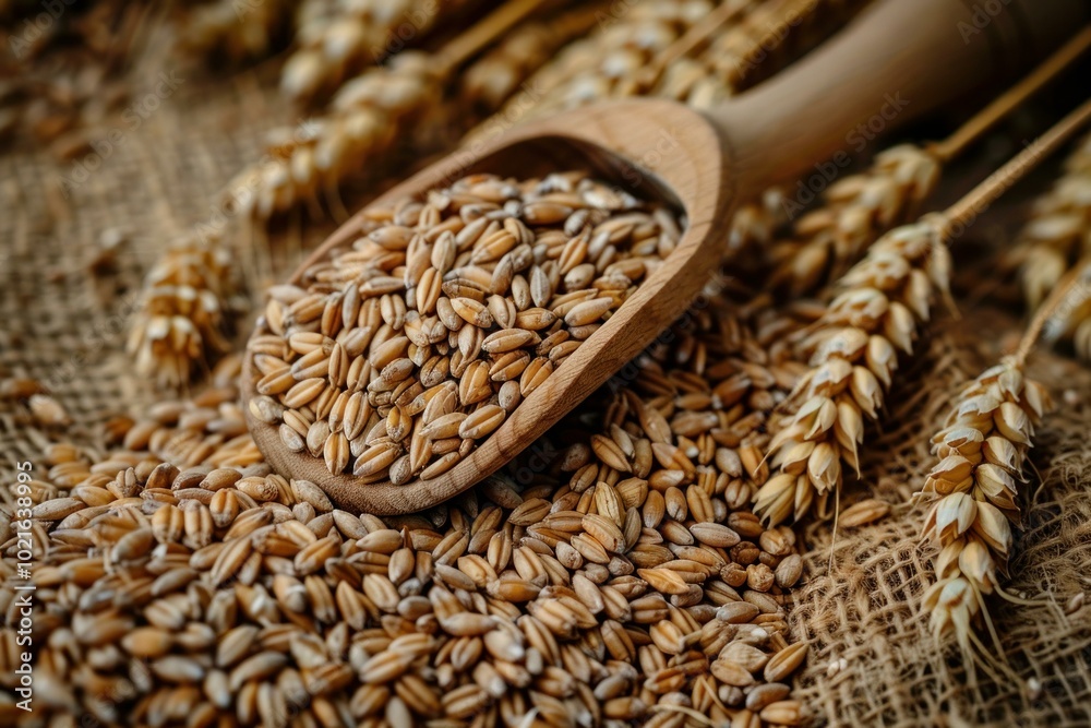 Spelt grain spilling from a wooden spoon onto a burlap sack, surrounded by wheat ears Spelt grain spilling from a wooden spoon onto a burlap sack, surrounded by wheat ears