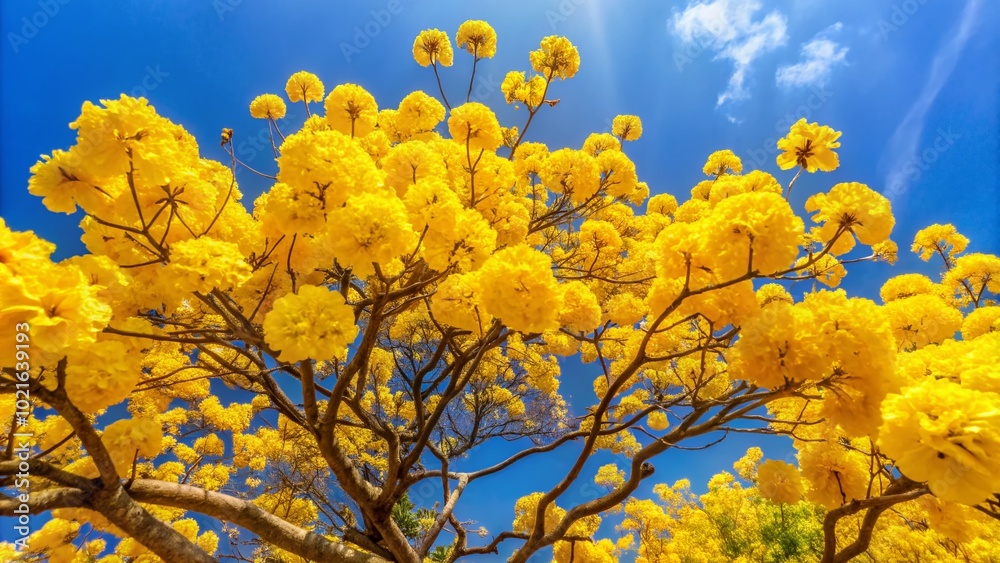 Vibrant Yellow Trumpet Tree Blossoms in Full Bloom Against a Clear Blue Sky in Nature's Splendor Vibrant Yellow Trumpet Tree Blossoms in Full Bloom Against a Clear Blue Sky in Nature's Splendor
