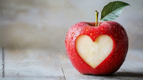 Close-Up of Red Apple with Heart-Shaped Carving and Water Droplets on Light Wooden Surface