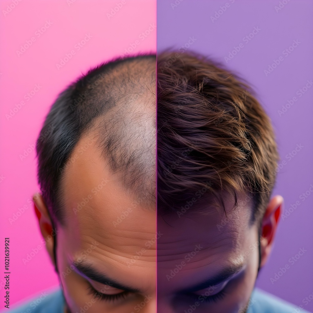 Fototapeta premium Before and After Hair Restoration: Detailed Close-Up of Scalp Transformation with Thinning Hair and Dramatic Regrowth