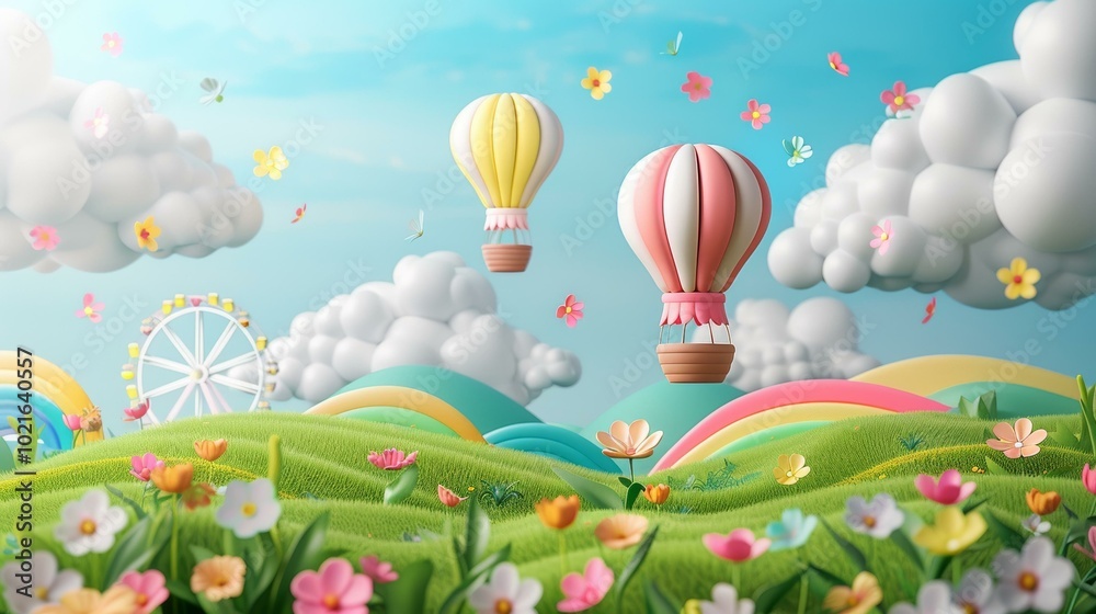 Whimsical 3D rendering of a vibrant landscape with hot air balloons and a rainbow Whimsical 3D rendering of a vibrant landscape with hot air balloons and a rainbow