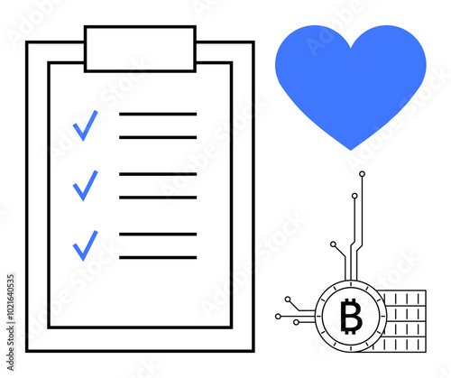 A clipboard with a checklist, a blue heart icon, and a Bitcoin symbol highlight themes of organization, simplicity, digital love, and cryptocurrency. Ideal for productivity, finance, technology