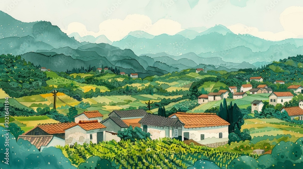 An illustration of a rural village in a valley surrounded by lush green mountains An illustration of a rural village in a valley surrounded by lush green mountains