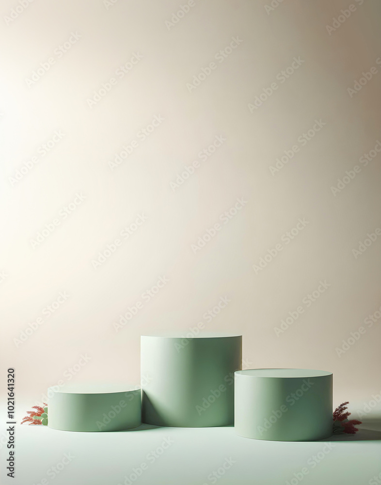 Two round soft green podiums forming a cylinder on soft and diffused light background Two round soft green podiums forming a cylinder on soft and diffused light background
