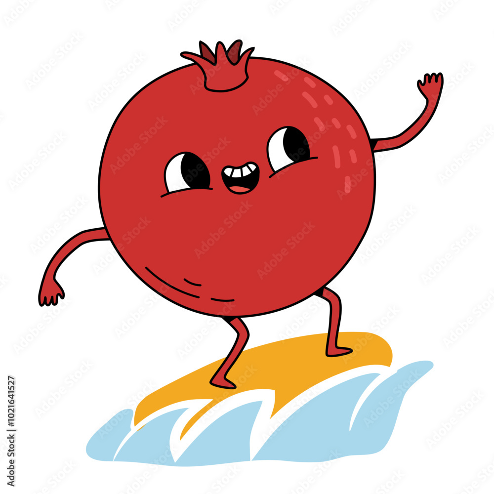 Fototapeta premium Retro fruit character illustration. Happy pomegranate surfing isolated vector illustration.