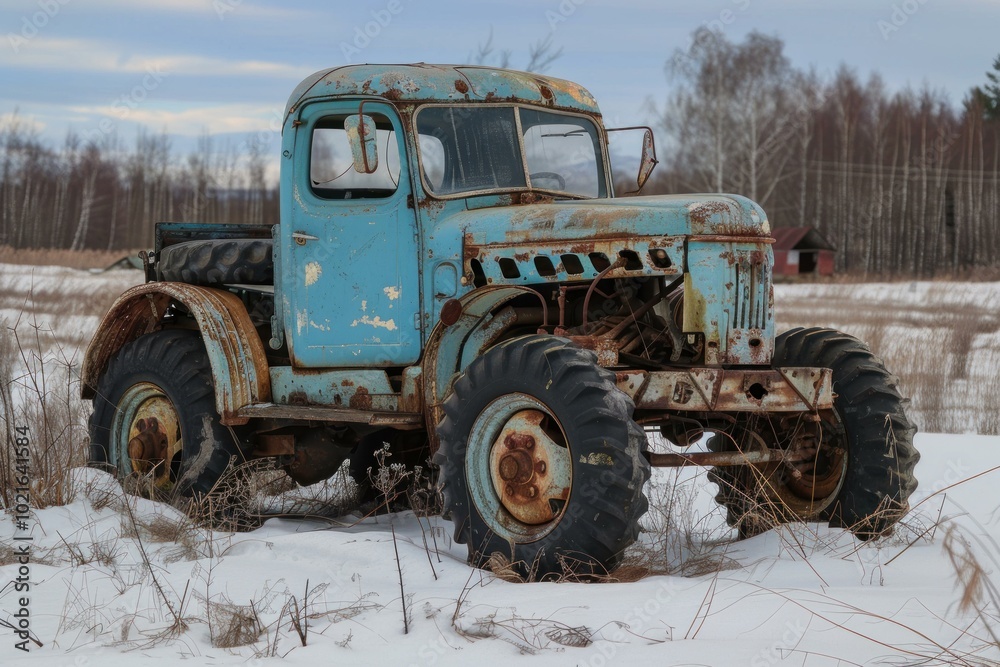 Old rusty truck slowly decomposing in a field with remnants of snow Old rusty truck slowly decomposing in a field with remnants of snow