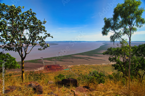 Panoramic view to the North of the Cambridge Gulf and vast mudflats along the Gulf near the remote town of Wyndham, East Kimberley, Western Australia
