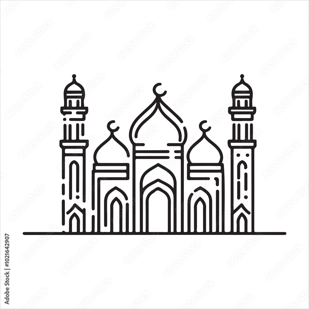 single one line Muslim Mosque silhouette on white background
