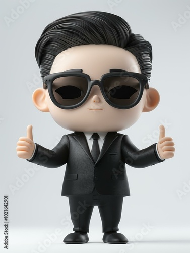 3D illustration of a businessman in a suit and sunglasses giving a thumbs up