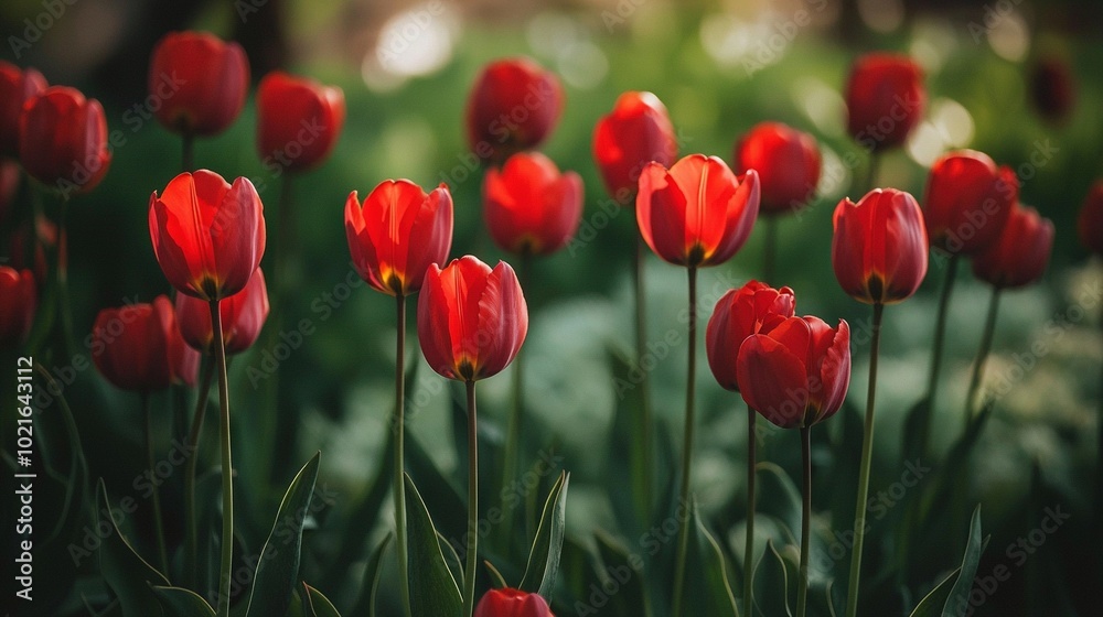 Obraz premium A cluster of crimson tulips on a green lawn under golden sky through tall tulip tops