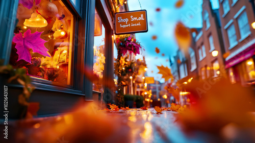 Fototapeta Naklejka Na Ścianę i Meble -  Cozy Autumn Street with Shop Small Sign and Colorful Falling Leaves at Sunset.Small Business Saturday concept