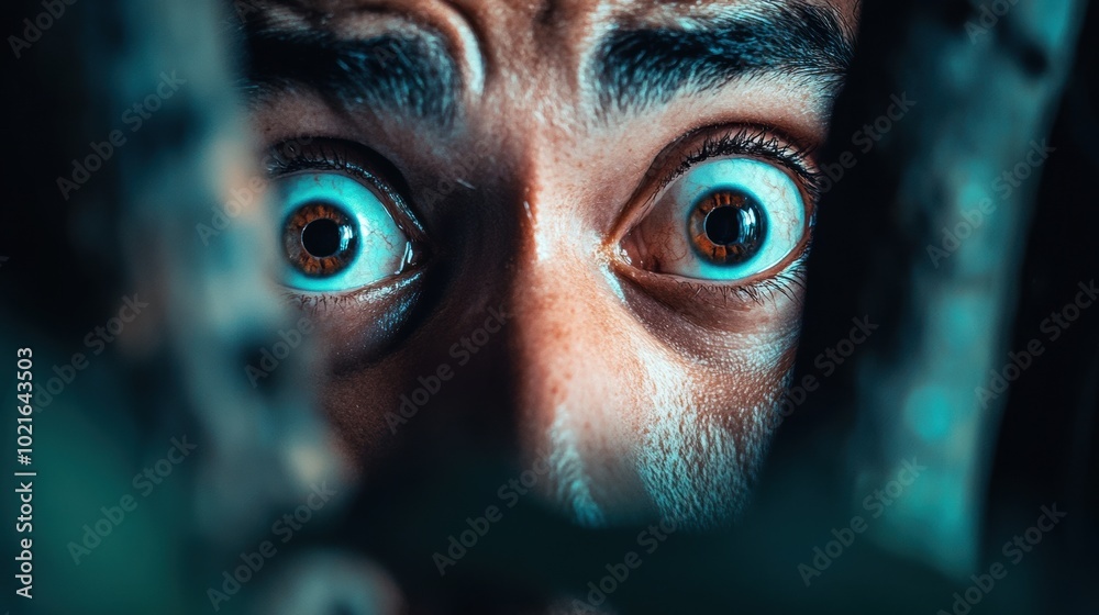 Close-Up of Wide-Eyed Expression Through Dark Bars, AI Close-Up of Wide-Eyed Expression Through Dark Bars, AI