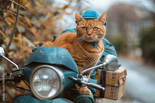 ginger cat wearing a blue hat sitting on a motorcycle photo