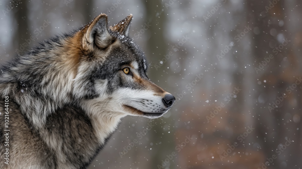 Fototapeta premium Close-Up Profile of a Wolf in Serene Wintry Forest with Falling Snowflakes