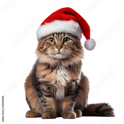 A cat wearing a Santa hat is sitting on a white background. The cat's eyes are green, and it has a fluffy tail. Concept of holiday cheer and warmth, as the cat is dressed up in a festive hat