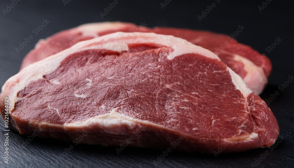 Raw marbled beef steaks on black background. Fresh organic meat. Cooking and culinary concept Raw marbled beef steaks on black background. Fresh organic meat. Cooking and culinary concept