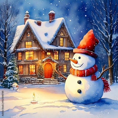 A snowman stands in front of a house with a red door. The snowman is wearing a red scarf and a red hat. The scene is set in a snowy landscape, with a lighted candle nearby