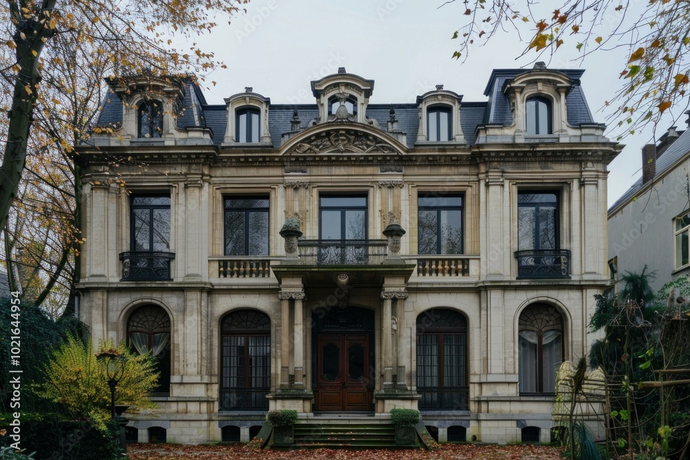 Fototapeta premium Ornate french manor house displaying elements of neoclassical architecture with autumn colors