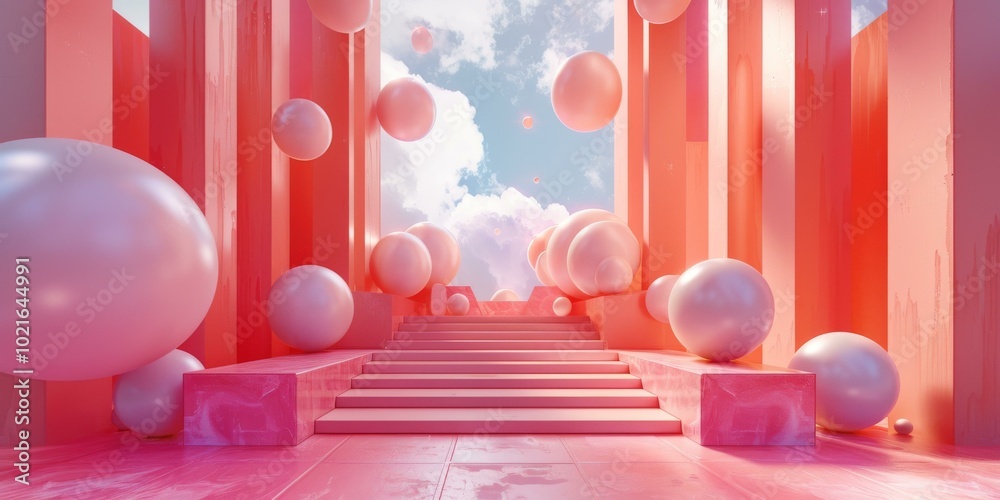 Abstract Pink Geometric Stairway with Floating Spheres Abstract Pink Geometric Stairway with Floating Spheres