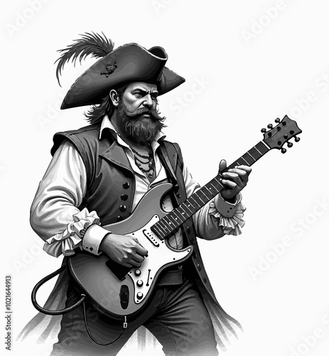 Illustrazione pirata che suona chitarra elettrica. Generative AI photo