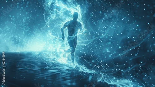 Blue translucent man running on water surface