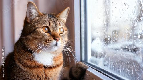 A cat is sitting in the cozy living room and looking out the window with peaceful and calm. The cat is looking at something outside of the house in the winter.