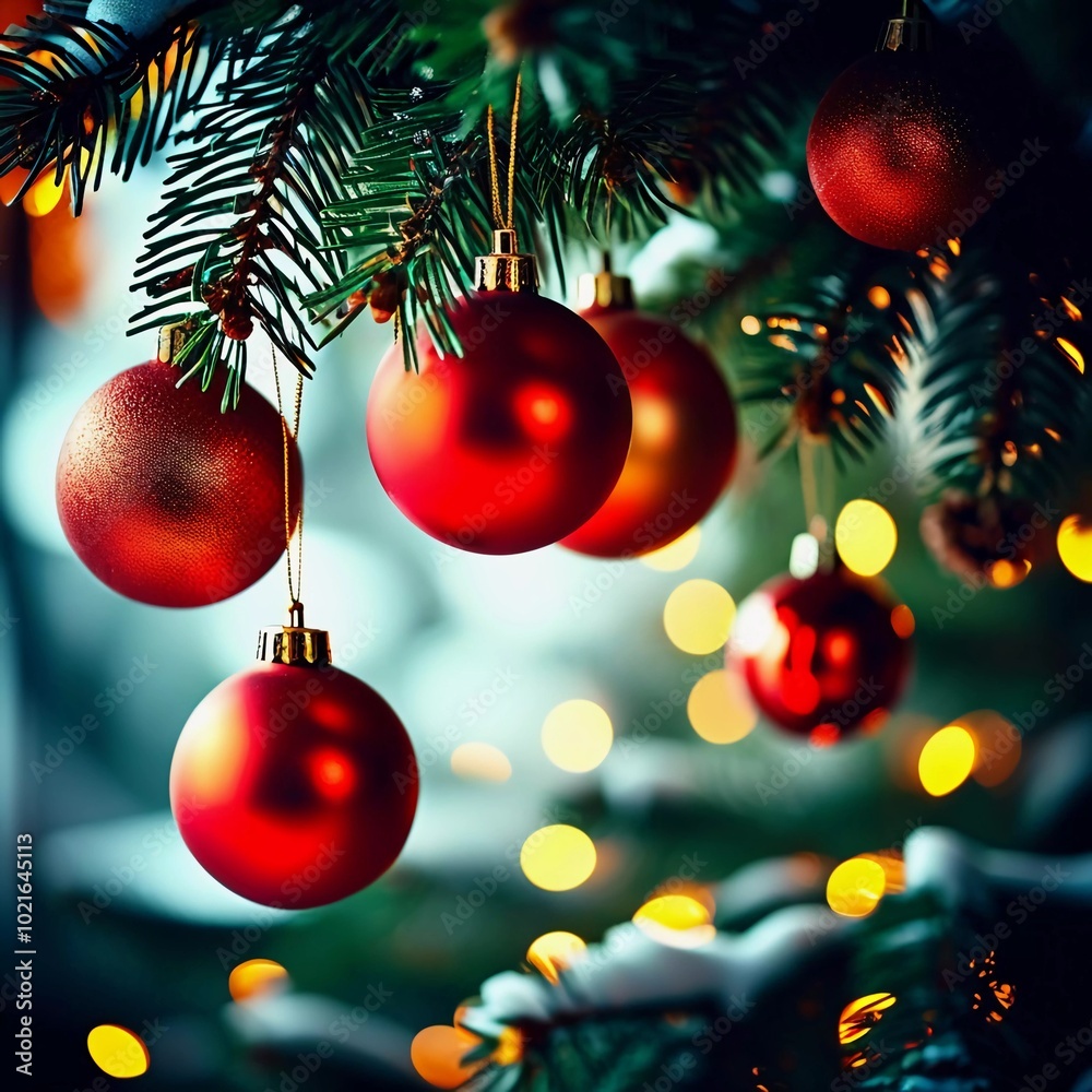 Sparkling ornament balls in vibrant red and gold hang from a lush spruce tree branch. Soft, warm lights twinkle enhancing festive spirit of Christmas. Happy New Year. Anamorphic bokeh. Generative AI Sparkling ornament balls in vibrant red and gold hang from a lush spruce tree branch. Soft, warm lights twinkle enhancing festive spirit of Christmas. Happy New Year. Anamorphic bokeh. Generative AI