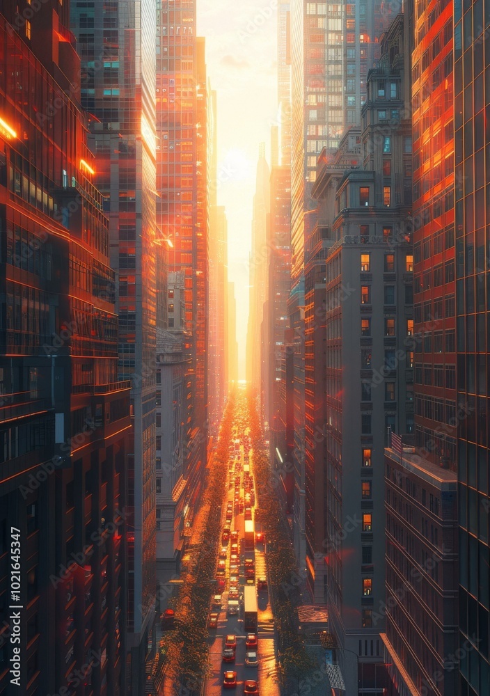 Obraz premium Urban Sunset Cityscape with Traffic