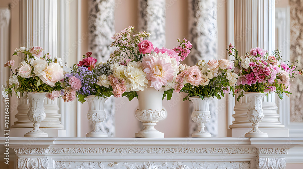 A set of vases adorned with flowers rests atop a white mantel featuring intricate marble pillars