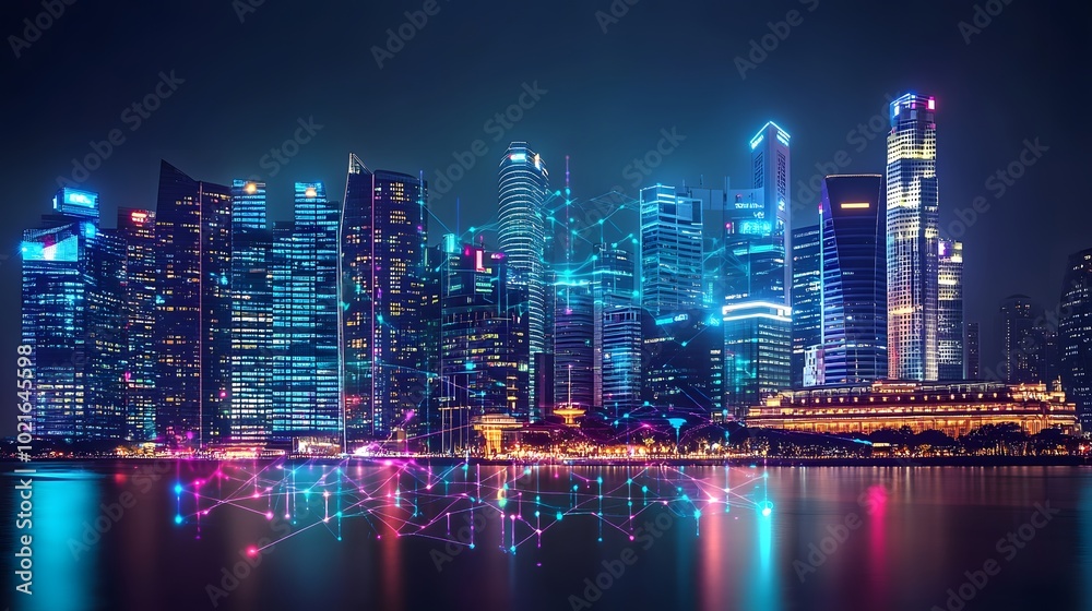Naklejka premium A futuristic city skyline with glowing digital connections, representing the integration of smart technology in urban life