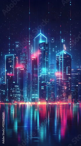 A futuristic city skyline with glowing digital connections, representing the integration of smart technology in urban life