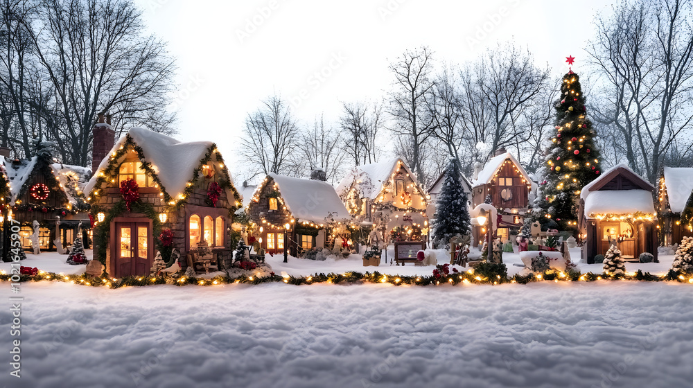 Fototapeta premium Enchanting Christmas Village in Outdoor Setting with Lights and Decorations on White Background