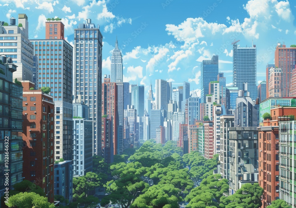 Obraz premium Cityscape Illustration with Lush Trees and Skyscrapers