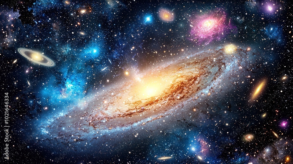 Fototapeta premium A stunning view of a spiral galaxy surrounded by vibrant stars and cosmic clouds, showcasing the vastness and beauty of the universe.