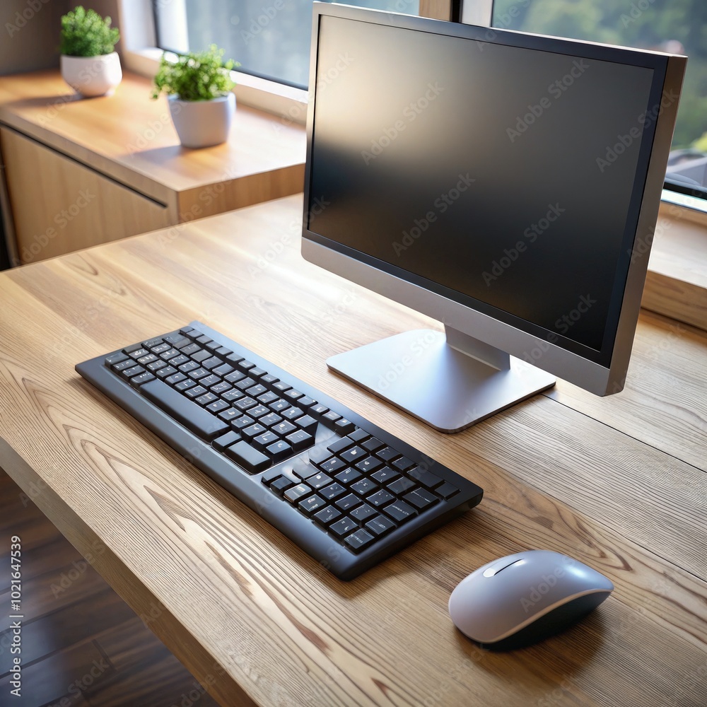 Modern computer setup with mouse and keyboard on a wooden table by a window. Generative AI Modern computer setup with mouse and keyboard on a wooden table by a window. Generative AI