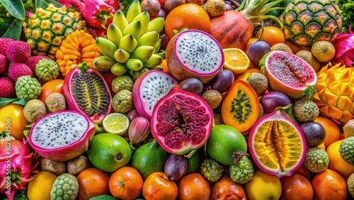 A vibrant market stall displaying exotic fruits like dragon fruit and lychee