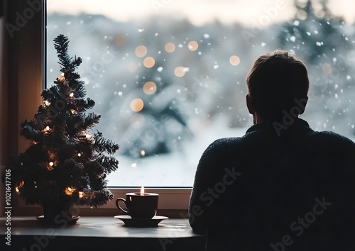 Solitude by the Christmas Lights:  loneliness during Christmas. Elderly people and young individuals experiencing solitude, symbolizing isolation in the holiday season, with decorations, lights
