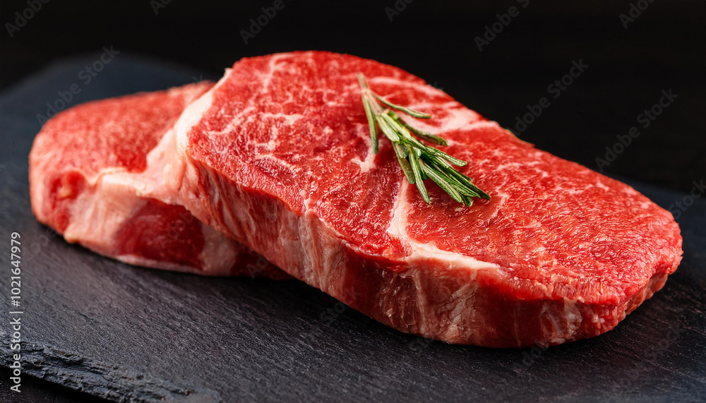 Raw marbled beef steaks on black background. Fresh organic meat. Cooking and culinary concept Raw marbled beef steaks on black background. Fresh organic meat. Cooking and culinary concept