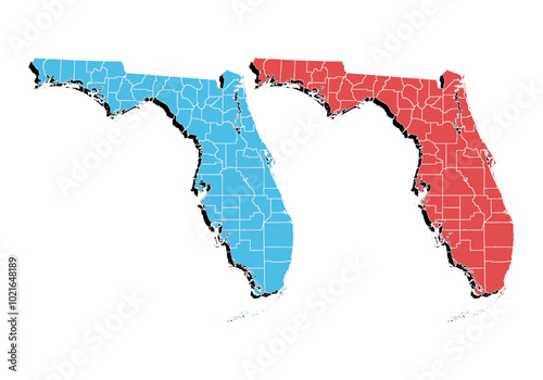 Mapa rojo y azul de Florida en fondo blanco